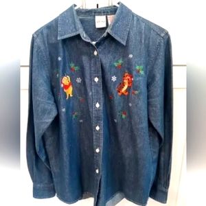 Vtg Size M Winnie the Pooh Tigger Christmas Button Down Sparkly Long Sleeve